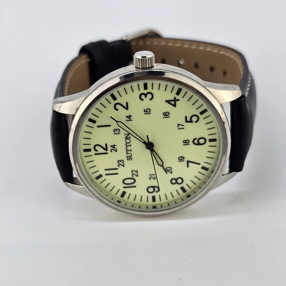 Sutton Field Men's Watch 41MM Yellow Dial NEW Black Leather Bands NEW Battery